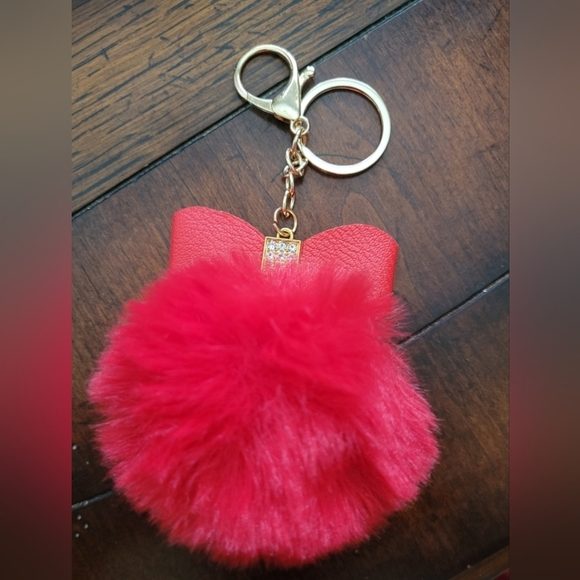 Red Pom Pom Bag Charm with Bow - Picture 4 of 4